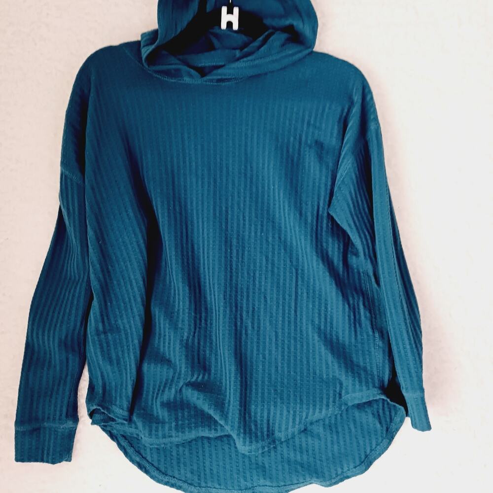 Sweater Hooded Pullover Chaser Teal Waffle Weave Long Sleeve Outdoors Y2K Size S